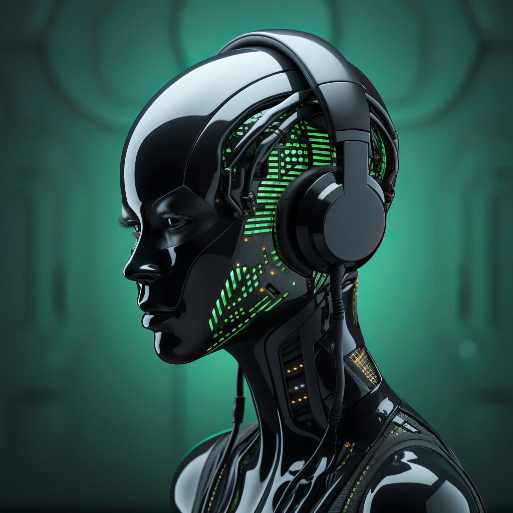 futuristic robot listening music headphones
